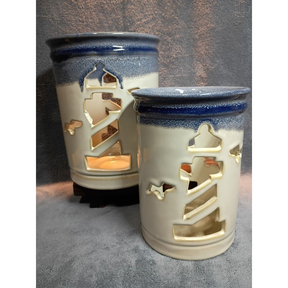Retired Yankee Candle Lighthouse Ceramic Candle Holder Set Coastal Nautical Blue - Picture 14 of 16